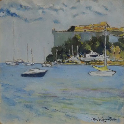 208-Ile Sainte Marguerite, technique mixte (fusain, pastel, huile) sur bois médium, format 25 cm x 25 cm, prix : 220 €
