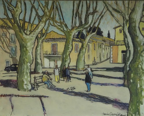 38-Saint Chinian, pétanque, technique mixte (fusain, pastel, huile) sur bois médium, format 65 cm x 81 cm, prix : 950 €