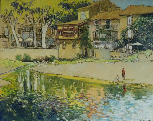 25-Bize Minervois, la rivière, technique mixte (fusain, pastel, huile) sur bois médium, format 65 cm x 81 cm, prix : 950 €
