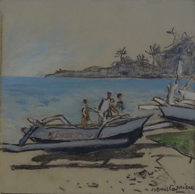 212-Bali, arrivée des pêcheurs Prematuram, technique mixte (fusain, pastel, huile) sur bois médium, 20 cm x 20 cm, prix : 160 €