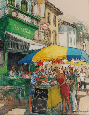 33- Olonzac, vendeur d'huîtres, Technique mixte (fusain, pastel, huile), sur bois médium, format 65 cm x 81 cm, prix : 950 €