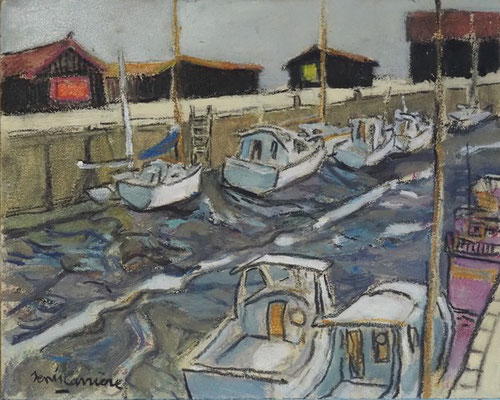 223-Cap Ferret, marée basse, technique mixte (fusain, pastel, huile) sur bois médium, format 30 cm x 24 cm, prix : 220 €