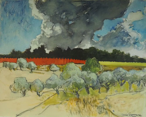 45-Oliviers et orage, technique mixte (fusain, pastel, huile) sur bois médium, format 65 cm x 81 cm, prix : 950 €