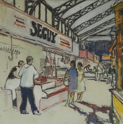 74-Narbonne, les halles chez Séguy, technique mixte (fusain, pastel, huile) sur bois médium, format 50 cm x 50 cm, prix : 450 €
