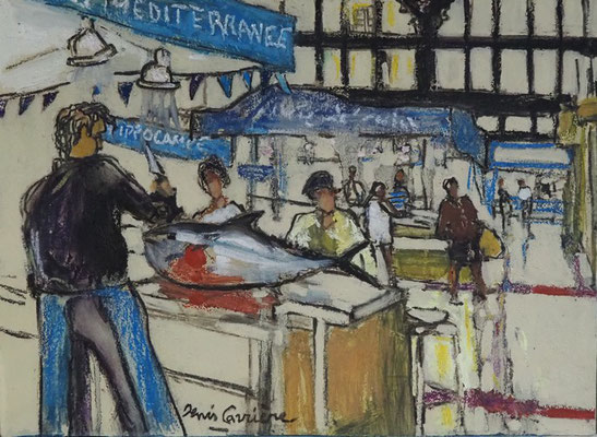 219-Narbonne, les Halles chez Camille, technique mixte (fusain, pastel, huile) sur bois médium, format 40 cm x 29 cm, prix : 280 €