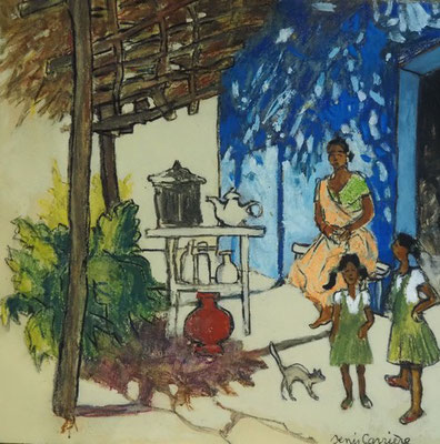 71-Anegundi, départ pour l'école, technique mixte (fusain, pastel, huile) sur bois médium, 50 cm x 50 cm, prix : 450 €