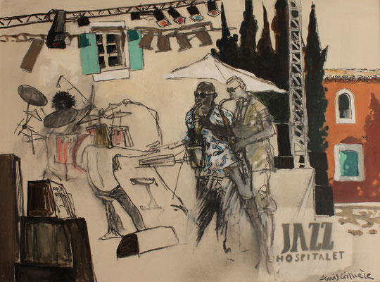 16- Jazz à l'Hospitalet, Manu di bongo, Technique mixte (fusain, pastel, huile), sur bois médium, format 60 cm x 81 cm, prix : 850 €