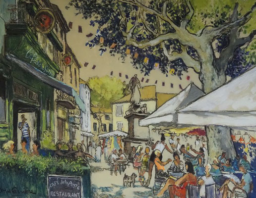 49-olonzac, café de la poste terrasse, technique mixte (fusain, pastel, huile) sur bois médium, format 73 cm x 92 cm, prix : 1100 €