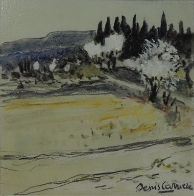 204-Ginestas, Amandiers, technique mixte (fusain, pastel, huile) sur bois médium, format 25 cm x 25 cm, prix : 220 €
