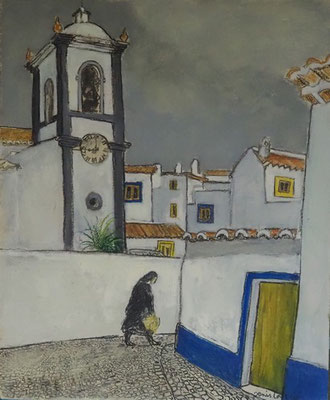 62-Portugal, Odeceixe, technique mixte (fusain, pastel, huile) sur bois médium, 50 cm x 61 cm, prix : 650 €