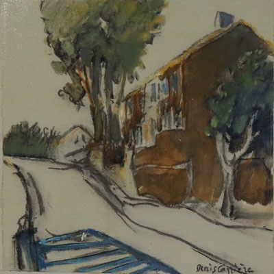 205-Mandirac, l'écluse,  technique mixte (fusain, pastel, huile) sur bois médium, format 25 cm x 25 cm, prix : 220 €