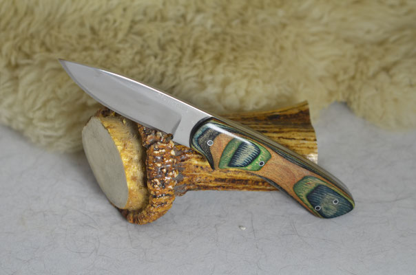#41 Nolen caper knive.  Blade  3 3/8" Overall 7 3/4" 440c steel.  Handle camo wood macarta.  Maker Steve Nolen  $175 SOLD