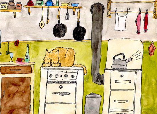 Und da sitzt Löwe, der Kater. Er ist sehr scheu und immer müde. Am liebsten schläft er in der Küche auf dem Herd neben dem Ofen, wo es schön warm ist. Sehr gern gibt er Köpfchen und schnurrt. …