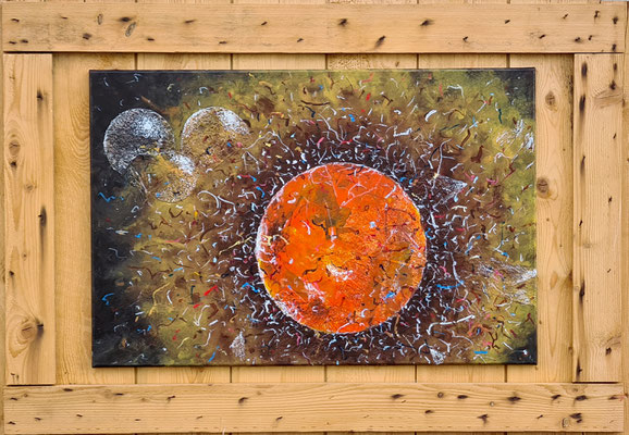 "Der Planet und seine Begleiter", Mixed Media auf Leinwand, 90x60 cm