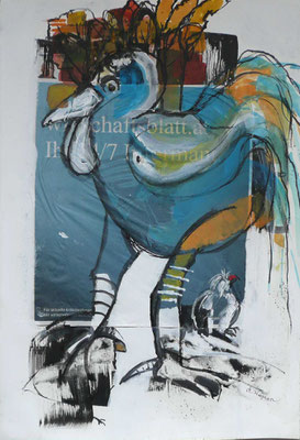 "BLAUVOGEL" Collage/Absprengtechnik, 50 x 70 cm