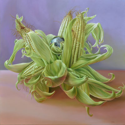 Jorge Luna, Elotes al churrigueresco, óleo sobre tela, 120 x 120 cm. 