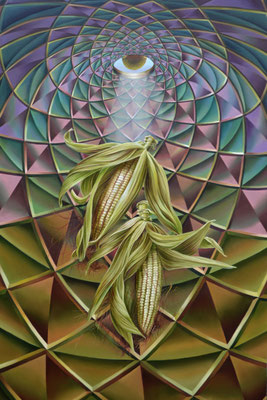 Jorge Luna, El origen del Maíz, óleo sobre tela, 150 x 100 cm. 
