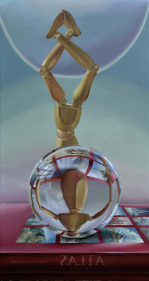 Jorge Luna. EL TERRAPLANISTA. Óleo sobre tela 150 x 80 cm. 