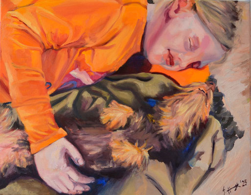 girl with a dachshund (3), oil on canvas, 40 x 50 x 2 cm, framed,2025, 710 €