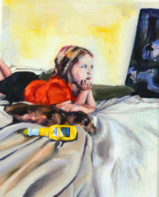 girl with a dachshund (2), oil on canvas, 24 x 30 x 2 cm, framed, 2024, 810 €
