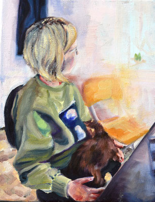 girl with a dachshund (1), oil on canvas, 25 x 20 x 1,5 cm, framed, 2023, 610 €