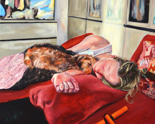 girl with a dachshund (3), oil on canvas, 40 x 50 x 4 cm, 2025, 890€