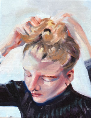 a girl is fixing her hair (jette), oil on canvas, 25 x 20 x 1,5 cm, 2022, 390 €