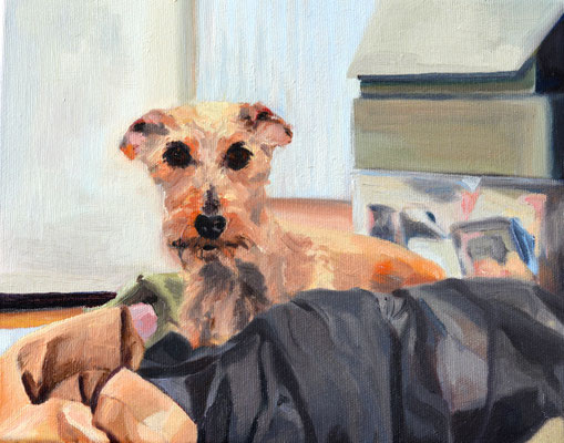 portrait of a dachshund (3), oil on canvas, 20 x 25 x 2 cm, 2024, framed, 2024, 550 €