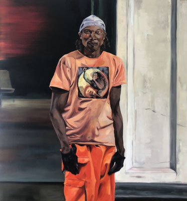 man in orange, oil on canvas, 150 x 160 cm, 2022, 3580 €