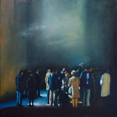 Wkrótce otwarcie, olej na płótnie, 90x90, 2021. 