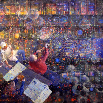 Poszukiwacze kwarków powabnych. Seekers of Charm Quarks. Oil on board 50x 50cm.