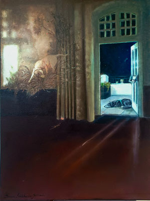 Cicho sza, we dworze Skrzynki, olej na płótnie 2024