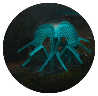 Krzesła, cykl "Obiekty". Olej na płótnie, tondo, 90cm, 2020. Obraz niedostępny.