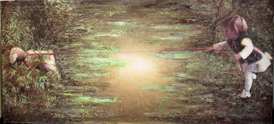 Spacer z psem, olej 60x 130cm. 