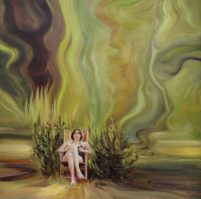 Portret na leżaku. Olej na płótnie 100x100 cm.