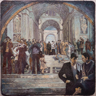 Turyści w Szkole Ateńskiej, olej na płótnie, 90x90, 2021. 