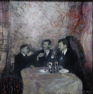 Toast noworoczny (Gadu,gadu) Joanna Śmielowska, olej na panelu malarskim 50x50 cm , 2018