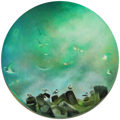 Posłańcy, olej na płótnie, tondo 90cm, 2019. 