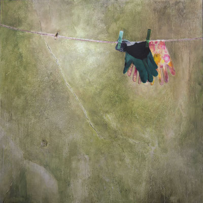 Ogrodnicy, olej na płótnie 100x100 cm, 2025