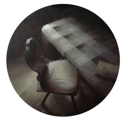 Ława, cykl "Obiekty". Olej na płótnie 90x90 cm, 2020rok. 