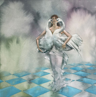 ISABEL FRIEDRICH  I  Das vergnügte Warten  I  Tusche und Öl auf Leinwand  I  70 x 70 cm