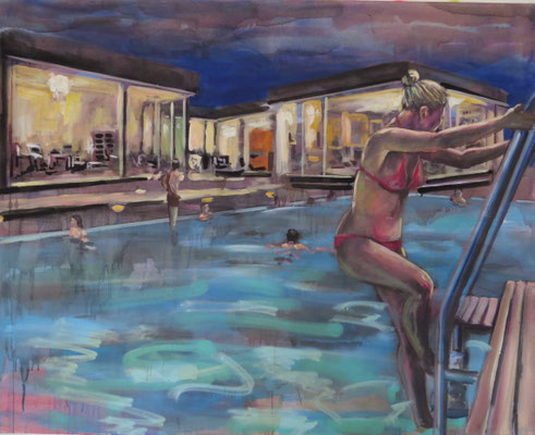 ANDREAS FLÜGEL  I  Bungalow mit Pool  I  Acryl und Lack auf Leinwand  I  120 x 150 cm  