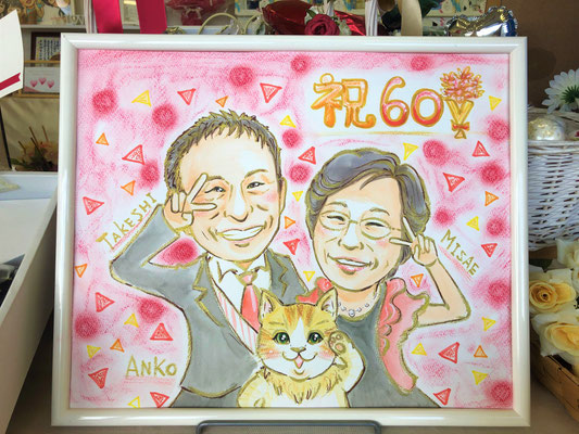 60歳の還暦祝いに贈るネコと似顔絵
