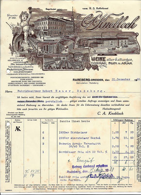 Rechnung der Radeberger Weinhandlung C. A. Knobloch an "Herrn Fabrikbesitzer Robert Heuer" von Silvester 1932. Quelle: Sammlg. Rieprich