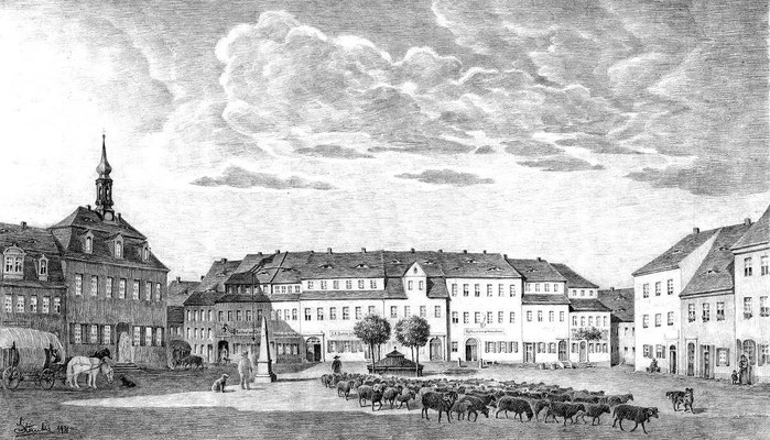 Der Radeberger Marktplatz um 1850 mit der Postdistanzsäule.  Zeichnung von Karl Stanka, Museum Schloss Klippenstein, gr.001.763