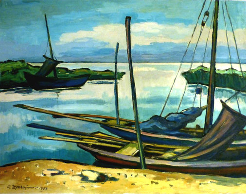Rosso Majores: Boote am Strand, Öl, 1959, 65x50 cm