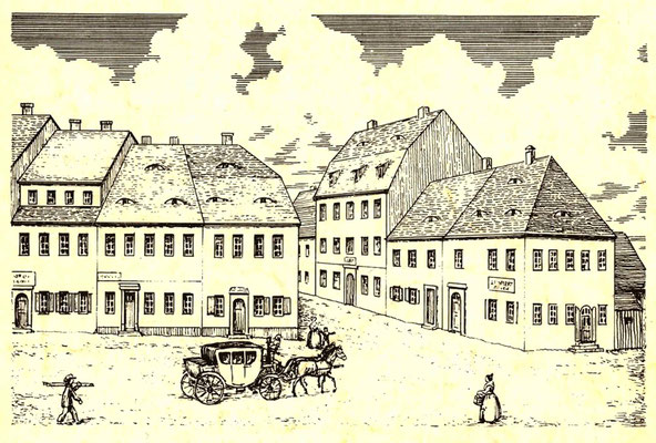 Die 1775 eingerichtete erste „Öffentliche Postanstalt“ in Radeberg auf der Mittelgasse (großes Haus in der Nebenstraße).  Quelle: Radeberger Bilderbogen von Wendler 1846, nachgezeichnet von G. Kosmalla