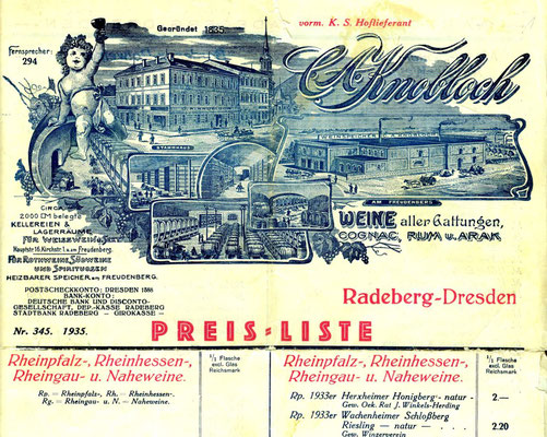C. A. Knobloch - Kopf der Geschäftspapiere der "Weinhandlung C.A.Knobloch" um 1935 mit der Ansicht des Stammhauses und des "Weinspeichers" auf dem Freudenberg.