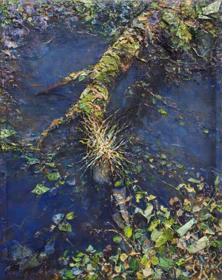 Über dunklem Wasser // Ölfarben und Collage auf Holz // zwei Bildebenen // 40 x 50 cm