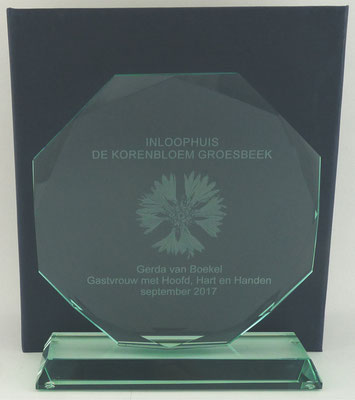 Glas award met logo en tekst als herinnering.